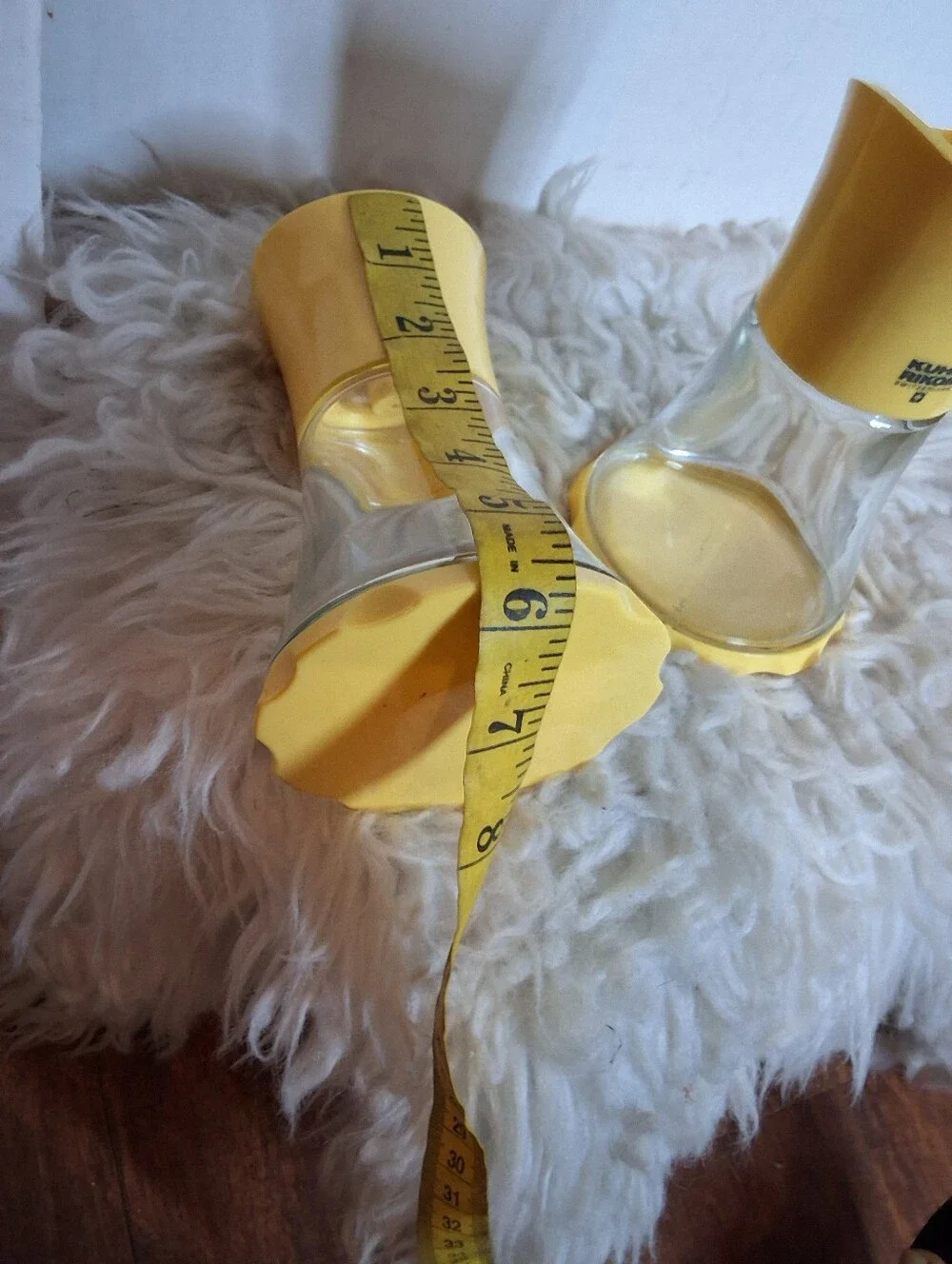 Vintage Kuhn Rikon Switzerland Yellow Glass Salt Pepper Grinders MCM Pair